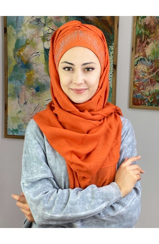 İhtişamlı Model Gümüş Taşlı Hazır Türban 23ŞBTTHZŞL23-03 Turuncu