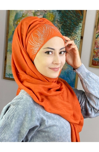 İhtişamlı Model Gümüş Taşlı Hazır Türban 23ŞBTTHZŞL23-03 Turuncu