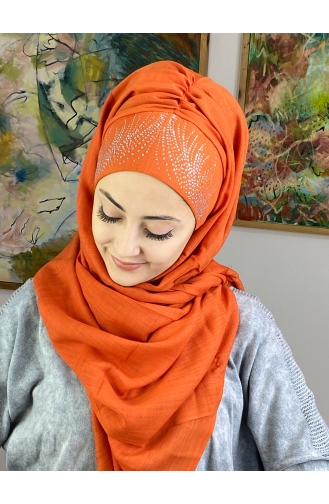 İhtişamlı Model Gümüş Taşlı Hazır Türban 23ŞBTTHZŞL23-03 Turuncu