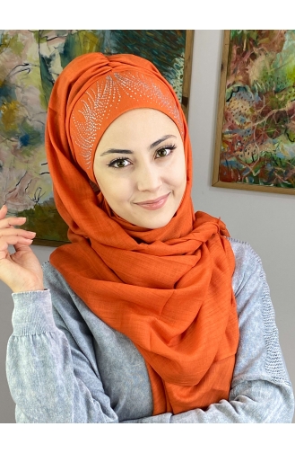 İhtişamlı Model Gümüş Taşlı Hazır Türban 23ŞBTTHZŞL23-03 Turuncu
