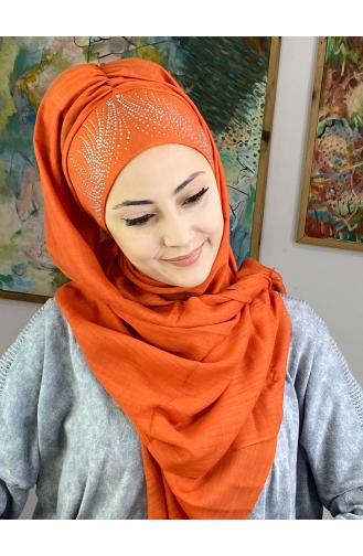 İhtişamlı Model Gümüş Taşlı Hazır Türban 23ŞBTTHZŞL23-03 Turuncu