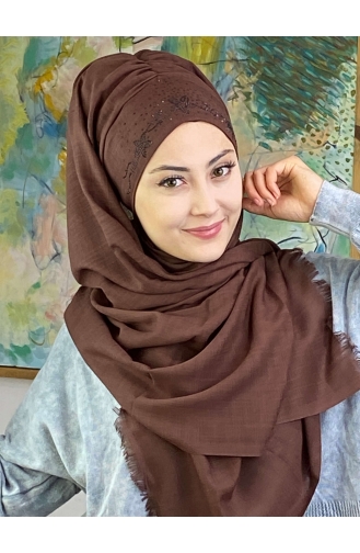 Çiçek Model Koyu Taşlı Hazır Türban 11ŞBTTHZŞL11-03 Koyu Kahverengi
