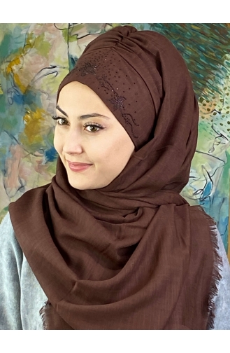 Çiçek Model Koyu Taşlı Hazır Türban 11ŞBTTHZŞL11-03 Koyu Kahverengi