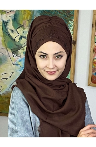 Çiçek Model Koyu Taşlı Hazır Türban 11ŞBTTHZŞL11-03 Koyu Kahverengi