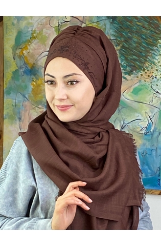 Çiçek Model Koyu Taşlı Hazır Türban 11ŞBTTHZŞL11-03 Koyu Kahverengi