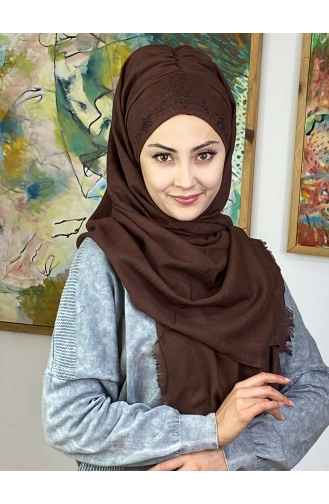 Çiçek Model Koyu Taşlı Hazır Türban 11ŞBTTHZŞL11-03 Koyu Kahverengi