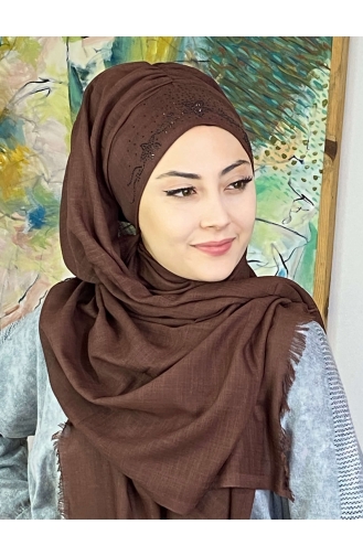 Çiçek Model Koyu Taşlı Hazır Türban 11ŞBTTHZŞL11-03 Koyu Kahverengi