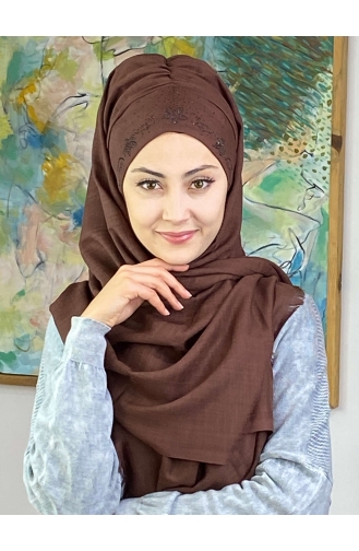 Çiçek Model Koyu Taşlı Hazır Türban 11ŞBTTHZŞL11-03 Koyu Kahverengi
