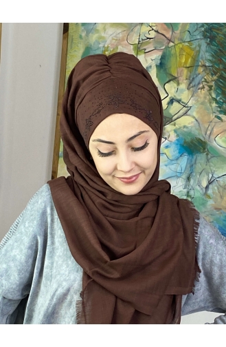 Çiçek Model Koyu Taşlı Hazır Türban 11ŞBTTHZŞL11-03 Koyu Kahverengi