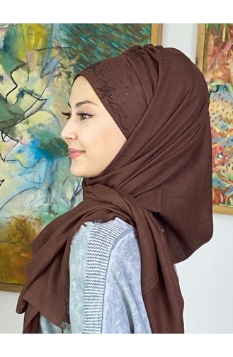 Çiçek Model Koyu Taşlı Hazır Türban 11ŞBTTHZŞL11-03 Koyu Kahverengi