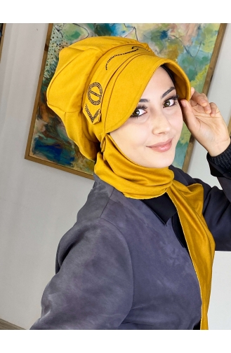 Hazır Atkılı Şapka Türban 1TŞŞAP27OCK-03 Hardal