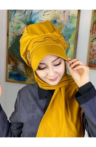 Hazır Atkılı Şapka Türban 1TŞŞAP27OCK-03 Hardal