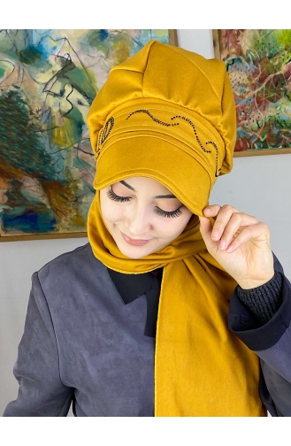 Hazır Atkılı Şapka Türban 1TŞŞAP27OCK-03 Hardal