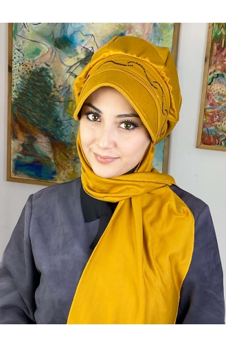 Hazır Atkılı Şapka Türban 1TŞŞAP27OCK-03 Hardal