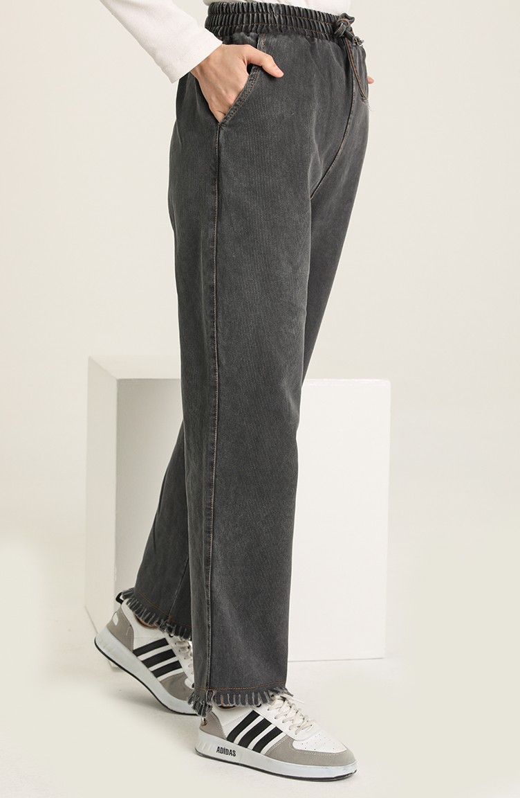 Saçaklı Bol Paça Kot Pantolon 3602G-01 Füme