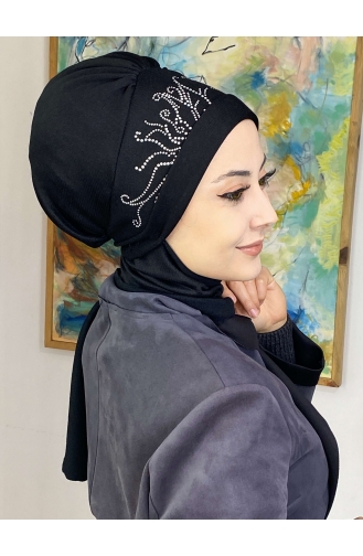 Taşlı Yaprak Taç Desenli Atkılı Bone Şal 9TBN27OCK-01 Siyah