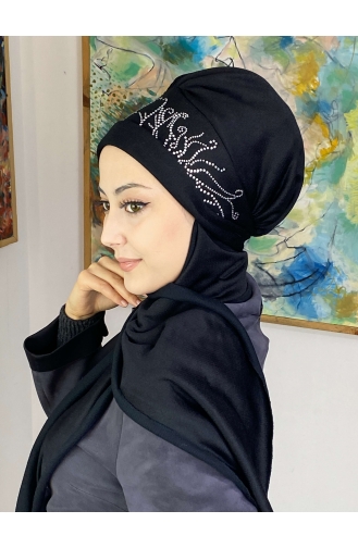 Taşlı Yaprak Taç Desenli Atkılı Bone Şal 9TBN27OCK-01 Siyah