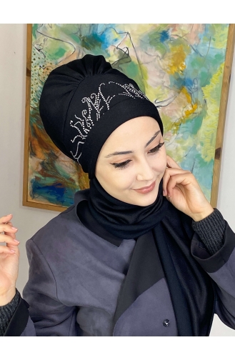 Taşlı Yaprak Taç Desenli Atkılı Bone Şal 9TBN27OCK-01 Siyah