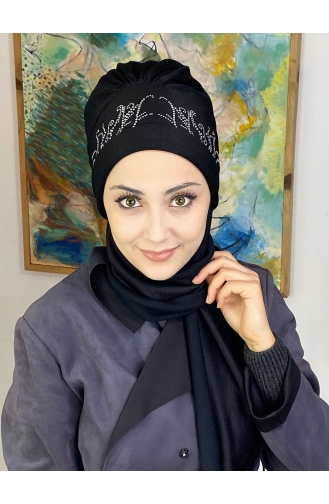 Taşlı Yaprak Taç Desenli Atkılı Bone Şal 9TBN27OCK-01 Siyah
