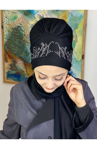 Taşlı Yaprak Taç Desenli Atkılı Bone Şal 9TBN27OCK-01 Siyah