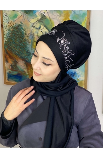 Taşlı Yaprak Taç Desenli Atkılı Bone Şal 9TBN27OCK-01 Siyah