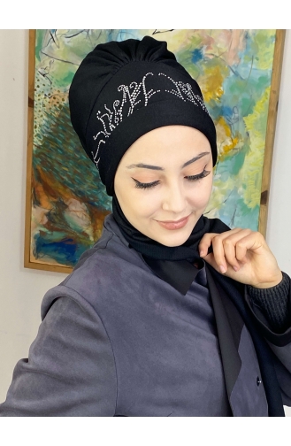 Taşlı Yaprak Taç Desenli Atkılı Bone Şal 9TBN27OCK-01 Siyah