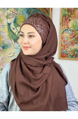 Zarif Taç Model Gümüş Taşlı Hazır Türban 1ŞBTTHZŞL01-05 Koyu Kahverengi