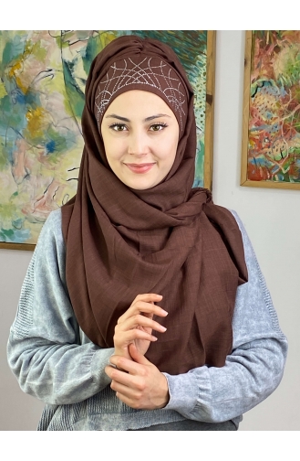 Zarif Taç Model Gümüş Taşlı Hazır Türban 1ŞBTTHZŞL01-05 Koyu Kahverengi