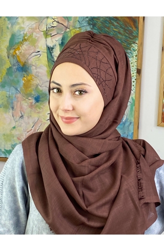 Zarif Taç Model Koyu Taşlı Hazır Türban 2ŞBTTHZŞL02-05 Koyu Kahverengi