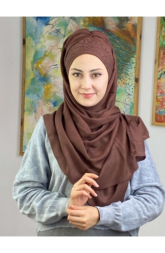 Zarif Taç Model Koyu Taşlı Hazır Türban 2ŞBTTHZŞL02-05 Koyu Kahverengi