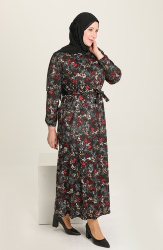 Desenli Büyük Beden Elbise 4801-01 Siyah Bordo