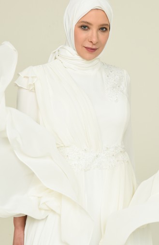 Ecru Hijab Evening Dress 6030-01