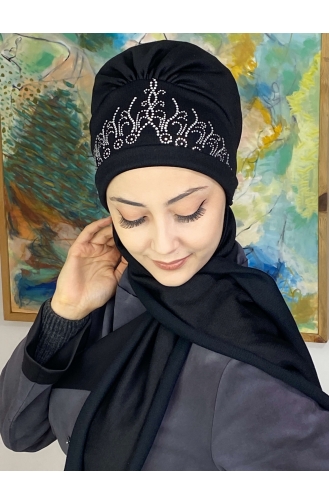 Taşlı Prenses Taç Desenli Atkılı Bone Şal 7TBN27OCK-01 Siyah