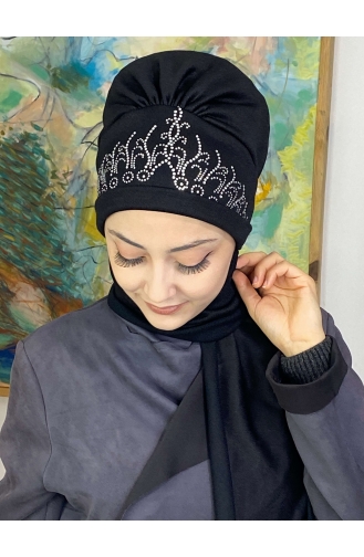 Taşlı Prenses Taç Desenli Atkılı Bone Şal 7TBN27OCK-01 Siyah