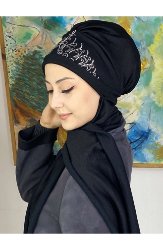 Taşlı Prenses Taç Desenli Atkılı Bone Şal 7TBN27OCK-01 Siyah