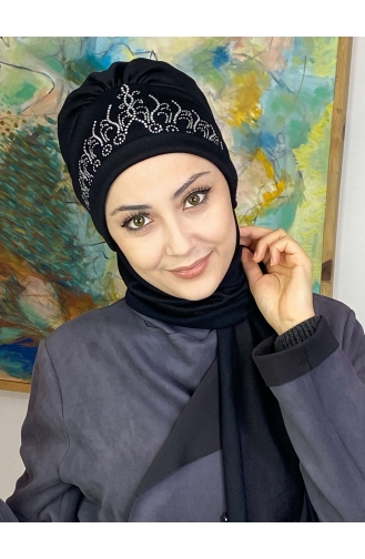 Taşlı Prenses Taç Desenli Atkılı Bone Şal 7TBN27OCK-01 Siyah