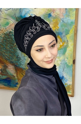 Taşlı Prenses Taç Desenli Atkılı Bone Şal 7TBN27OCK-01 Siyah