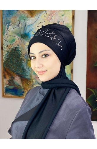 Taşlı Taç Desenli Atkılı Bone Şal 04YPKHŞL26OCK-01 Siyah