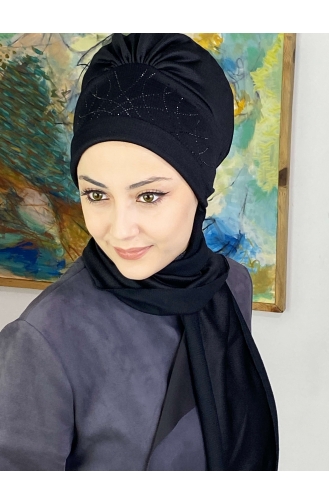 Taşlı Taç Desenli Atkılı Bone Şal 04YPKHŞL26OCK-02 Siyah