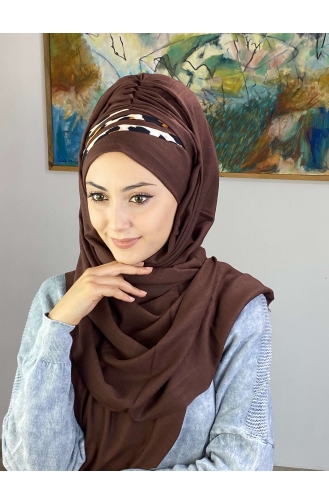 Yan Drapeli İri Leoparlı Hazır Türban 1226OCKDRP-02 Koyu Kahverengi