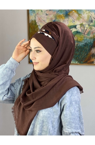 Yan Drapeli İri Leoparlı Hazır Türban 1226OCKDRP-02 Koyu Kahverengi