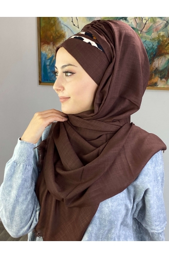 Yan Drapeli İri Leoparlı Hazır Türban 1226OCKDRP-02 Koyu Kahverengi