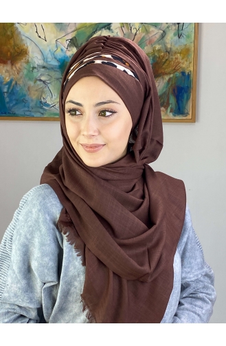 Yan Drapeli İri Leoparlı Hazır Türban 1226OCKDRP-02 Koyu Kahverengi