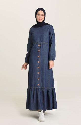 Dark Blue Jeans Hijab Dress 9751-2.Koyu Kot
