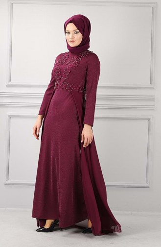 Dantelli Simli Tesettür Elbise 8953 3 Mürdüm