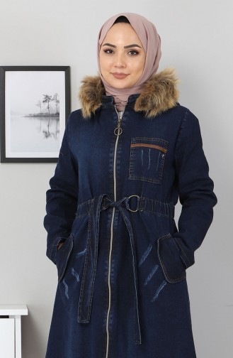 Dark Blue Jeans Winter Coat 10226.Koyu Kot