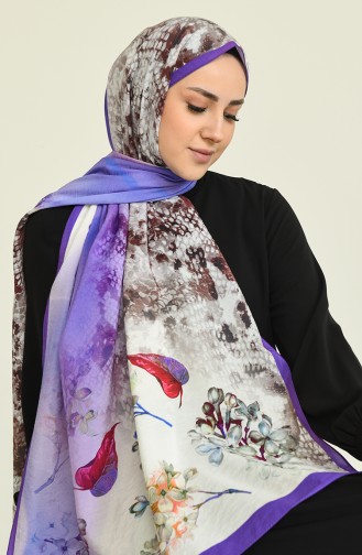 Çiçekli Desen Elegante Seri Şal Eşarp Askısı İle Birlikte 75X200 Lila Mor Krem