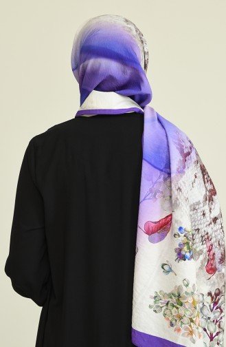 Çiçekli Desen Elegante Seri Şal Eşarp Askısı İle Birlikte 75X200 Lila Mor Krem