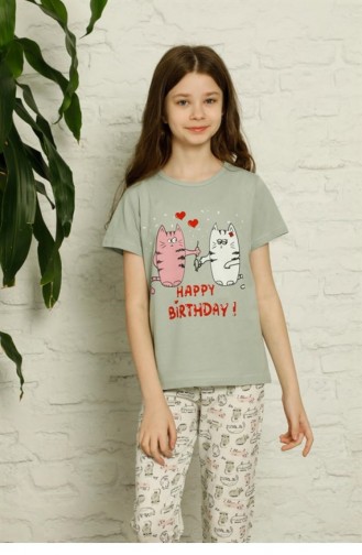 Akbeniz Çocuk Pamuk Kısa Kollu Pijama Takımı 4626 Su Yeşili