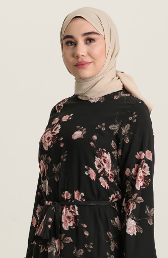 Desenli Şifon Elbise 3114-01 Siyah